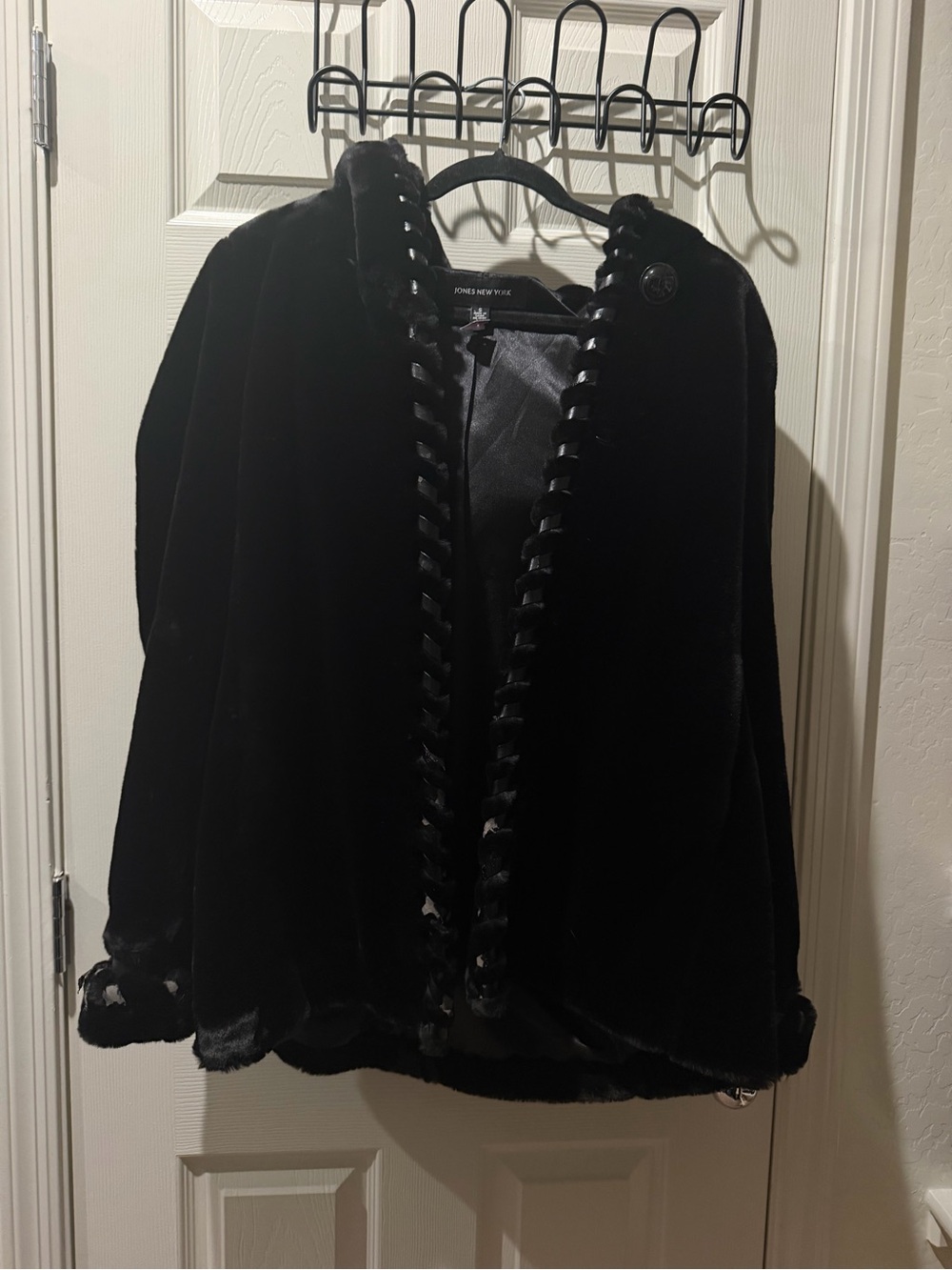 Jones New York Black Faux Fur Braided-Trim Hooded Jacket